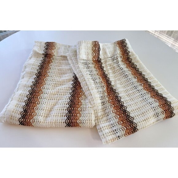Vintage 70s mesh curtain, tan, rust, brown wavy stripes, pleated, per panel - Picture 10 of 10